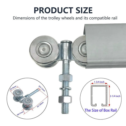 Two Pack Track Roller Wheels Set For Beam Trolley System With Box Rail Strut Channel For Heavy Barn Or Shed Sliding Doors Includes Two Trolleys With Four Steel Ball Bearing Rollers Solid Steel Construction 440 Pound Load Rating Removable Bolt with size dimensions diagram
