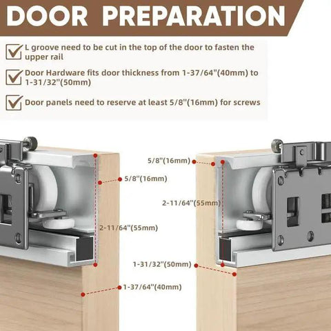 Trackless Sliding Door Hardware Kit 48 Inch Hidden Barn Door System installation instructions with measurements.