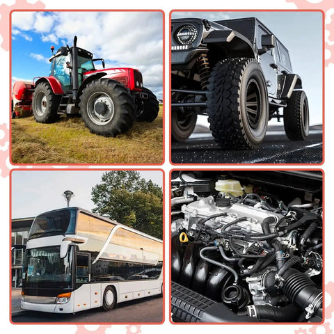 Images of various vehicles and machinery including a red tractor, off-road vehicle, double-decker bus, and engine close-up.