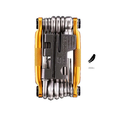 Front view of M20 Gold Bicycle Multi Tool With Hex Wrenches Two To Eight Millimeter Open Wrench Spoke Wrenches