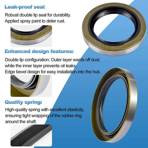 Leak-proof seal and design features of Trailer Axle Bearings Kit With 171255TB Grease Seals and 1.98 Inch Dust Caps.