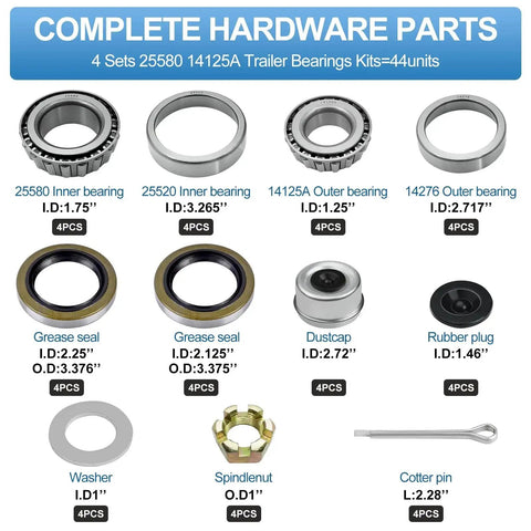 Four Set Trailer Axle Bearings Kit With Grease Seals Dust Caps Cotter Pins Axle Nuts Washers For 1.25 To 1.75 Inch Tandem Axles