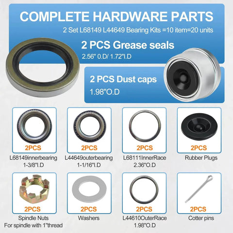 Two Set Trailer Axle Bearing Kit For 3500 Lb 84 Spindle with bearings, dust caps, grease seals, spindle nuts, washers, cotter pins visible.