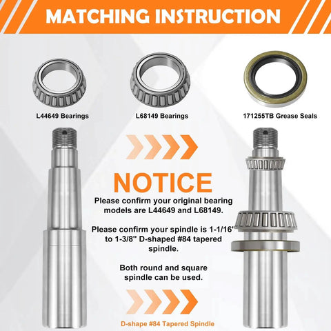 Trailer Axle Bearing Kit With D Style Spindle Tang Washers For 3500 Lbs Boat Trailers Fits Standard Trailer Axles Includes 1.719 Inch Grease Seal Spindle Number 84 EZ Lube Ready 2 Set Pack, including bearings, grease seals, and spindle compatibility notice.
