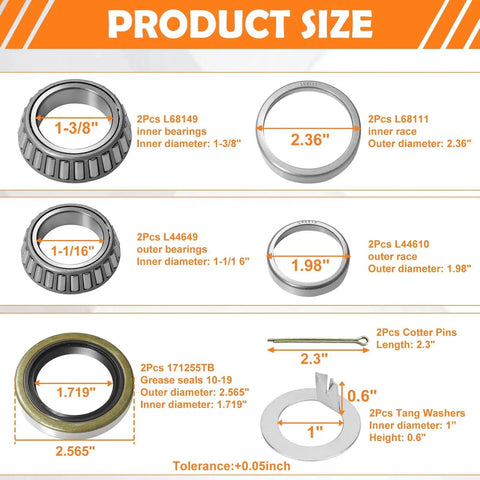 Product size chart showing components of Trailer Axle Bearing Kit With D Style Spindle Tang Washers For 3500 Lbs Boat Trailers