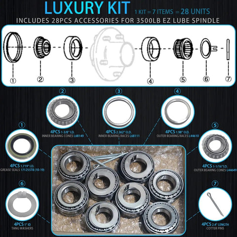 Image showing 4 Pack Boat Trailer Axle Bearing Kit For 3500 Lb Spindles 1 One Sixteenth Inch To 1 Three Eighths Inch EZ Lube 84 Spindle Compatible With L68149 And L44649 Bearings 171255TB 10 19 Grease Seals Tang Washer And Cotter Pins By iBroPrat, with bearings and seals on display.