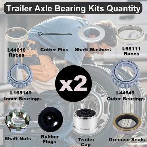 Variety of components from the Two Pack 3500 Lb Trailer Axle Bearing Kit For 1-3/8 To 1-1/16 Inch Spindles Includes L68149 L44649 Boat Wheel Bearings