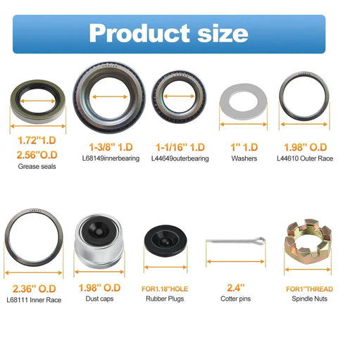 Two Set Trailer Axle Bearing Kit For 3500 Lb 84 Spindle product size chart showing bearings, grease seals, and hardware components.