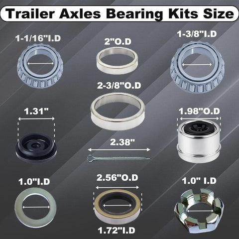 Diagram showing parts of the Two Pack 3500 Lb Trailer Axle Bearing Kit For 1-3/8 To 1-1/16 Inch Spindles with sizes labeled.
