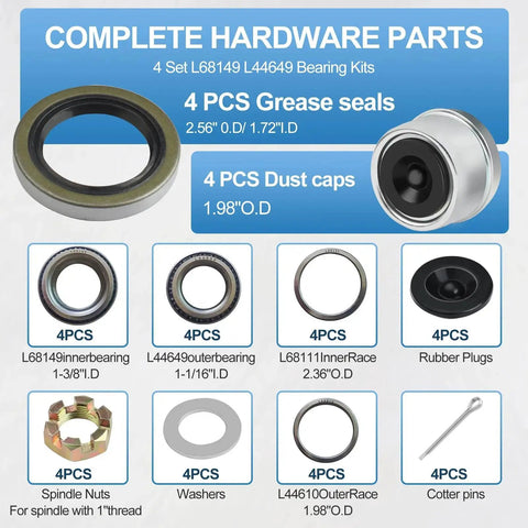 Trailer Axle Bearings Kit with 171255TB Grease Seals, 1.98 Inch Dust Caps, Cotter Pins, Axle Nuts, Washers for 3500 lb axles