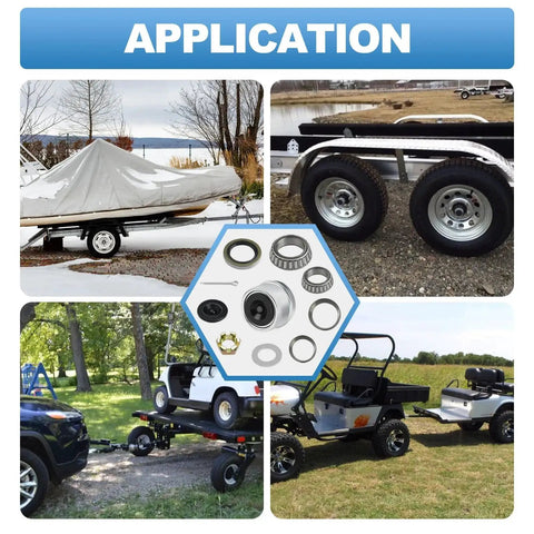 Collage of trailer axle uses with Trailer Axle Bearings Kit With 171255TB Grease Seals shown in center, depicting utility and boat trailers.