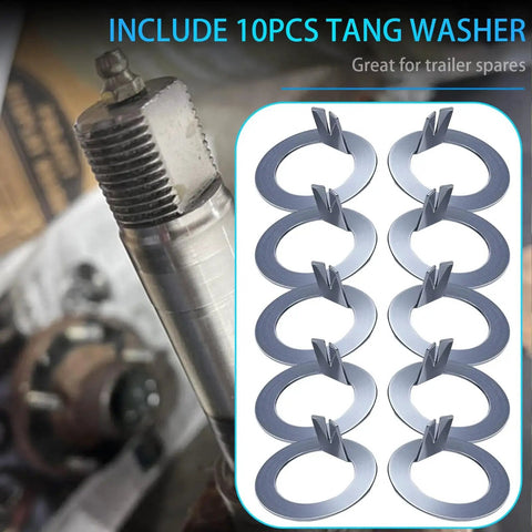 1 Inch D-Style Trailer Spindle Tang Washer For EZ-Lube 2000-7000 Lb Axles, pack of 10 shown next to spindle example