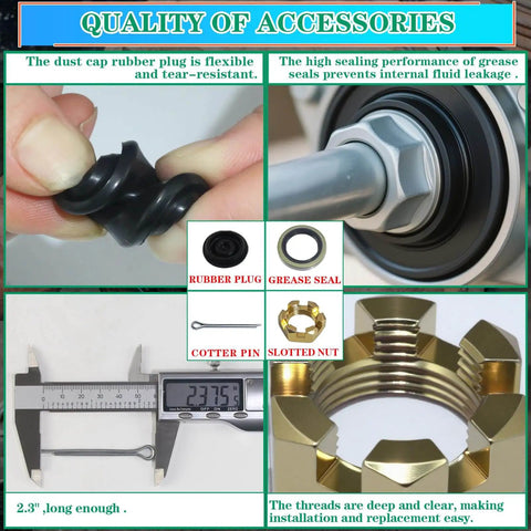 Collage showcasing Beefed Up 4 Sets Trailer Axle Hub Bearings Kit For 7000 Lbs Trailer D42 Tapered Spindle With 21333TB And 22333TB Grease Seals