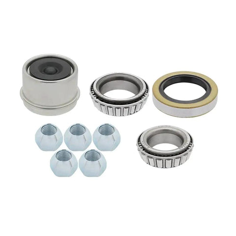 Heavy Duty 3,500 Lb Trailer Axle Kit With Spindle 84 Ten Inch Hub Drum 5 On 4.5 Inch Bolt Pattern Left And Right Electric Brakes Bearing Kit L44649-10 And L68149-11 Seal 010-019 Pre Installed Races And Hardware On Both Sides parts including bearings, nuts, and seals displayed.