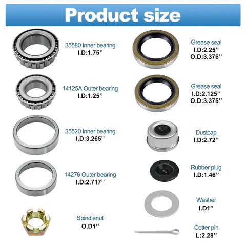 Four Set Trailer Axle Bearings Kit With Grease Seals Dust Caps Cotter Pins Axle Nuts Washers Product Size Chart