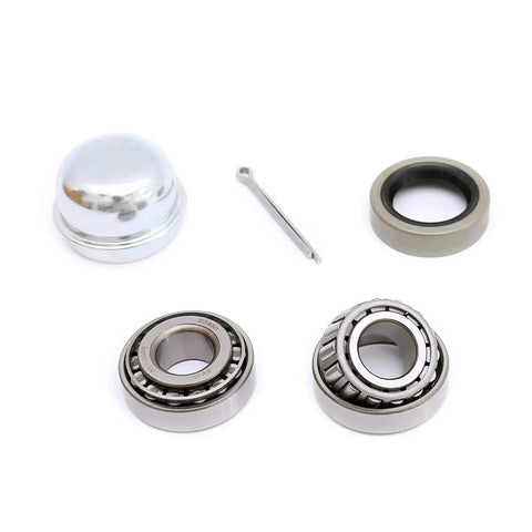 Trailer Bearing Repair Kit Set For Three Quarter Inch Straight Spindles Pair Including 11949 Bearings 11910 Races Seals Cotter Pins And Dust Caps High Quality Bearing Steel For Quiet Smooth High Speed Trailer Use UCUT visible components.