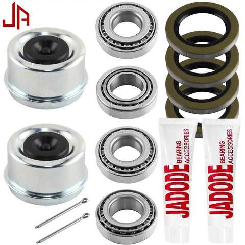 Trailer Wheel Bearing Kit Beefed Up For 5200 6000 And 7000 Lb Trailer Axles With 14125A 14276 Bearings 25580 25520 Bearings And 21333TB 10 10 Lip Seals And 22333TB 10 36 Lip Seals For Easy Install And Smooth Towing By JADODE with components and grease.