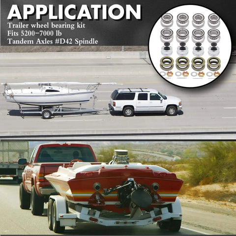 Trailer Bearing Kit For D42 Spindle Fits 1.25 Inch And 1.75 Inch Tandem Axles 5200 To 6000 Lb Four Sets Hub Kit shown with boat trailers