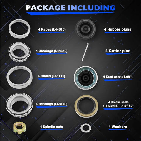 Package contents showing races, bearings, rubber plugs, cotter pins, dust caps, grease seals, spindle nuts, washers for trailer bearing kit