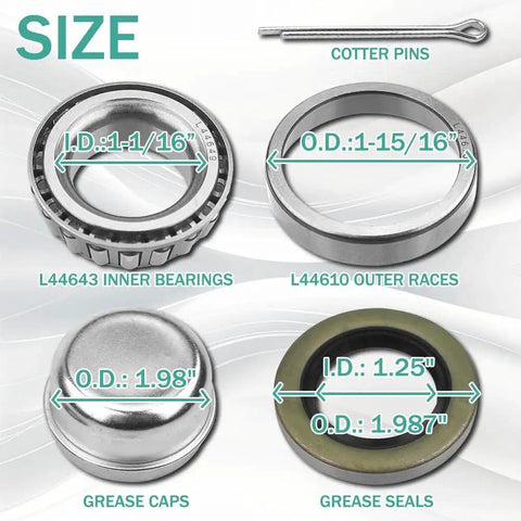 Trailer Bearing Kit For 2000 Lbs Axle L44649 L44610 Includes 1.98 Inch Grease Cap Seals Cotter Pins And 2 Sets Quiet High Speed Rotating Bearings For EZ Lube And Standard BT8 Spindle Boat And Utility Trailers image showing size and components