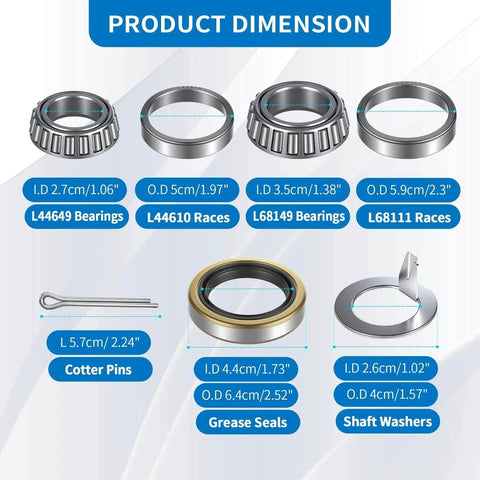 Product dimensions for 2 Pack Trailer Bearings Kit For High Speed Quiet Operation L68149 L44649 Fits One And Three Eighths To One And Sixteenth Inch Axle 3500 Lb With 1.719 Inch Grease Seal And 10-19 84 Spindle Quick Easy Installation