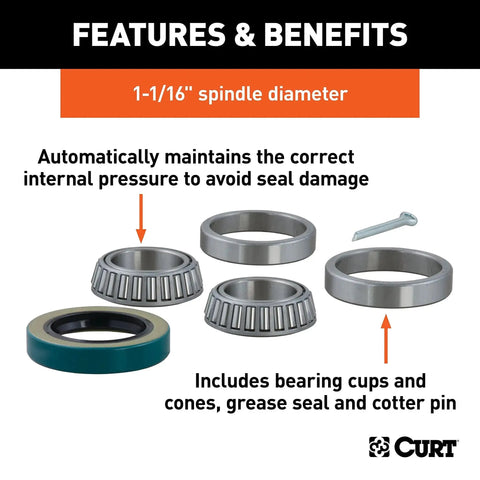 Replacement Trailer Wheel Bearing Kit For 1-1/16 Inch Diameter With Two Bearing Cones Two Bearing Cups Grease Seal And Cotter Pin Heavy Duty Build Ready To Roll Keeps Internal Pressure Right To Protect Seals Ideal For Replacing Trailer Bearings CURT