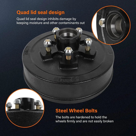 Durable Trailer Brake Drum Kit With Hub And Bearing Set For 3500 Lb Axles, 10 x 2-1/4 In, showcasing seal and bolts design.
