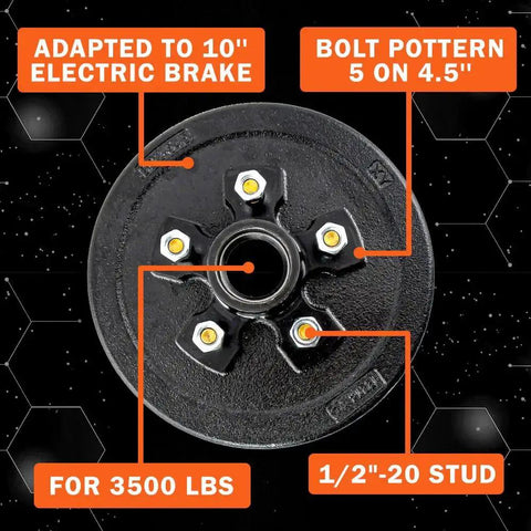 Ready To Roll Five On Four Point Five Inch Trailer Brake Hub Drum Kit For 3500 LB Trailers With Ten By Two And A Quarter Inch Size L68149 Inner Cone Bearing L44649 Outer Cone Bearing Bearing Race Installed Half Inch 20 Thread Nuts AuraWINS - Top view showing bolt pattern and specifications.
