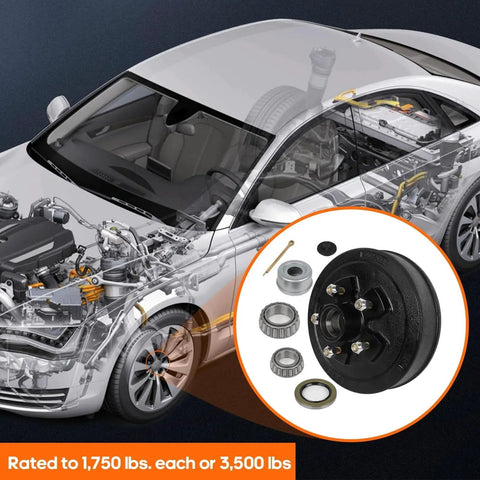 Durable Trailer Brake Drum Kit With Hub And Bearing Set For 3500 Lb Axles, 10 x 2-1/4 In, displayed with car diagram