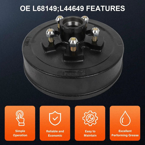 Durable Trailer Brake Drum Kit With Hub And Bearing Set For 3500 Lb Axles, 10 x 2-1/4 In, 5 On 4.5 In Bolt Pattern