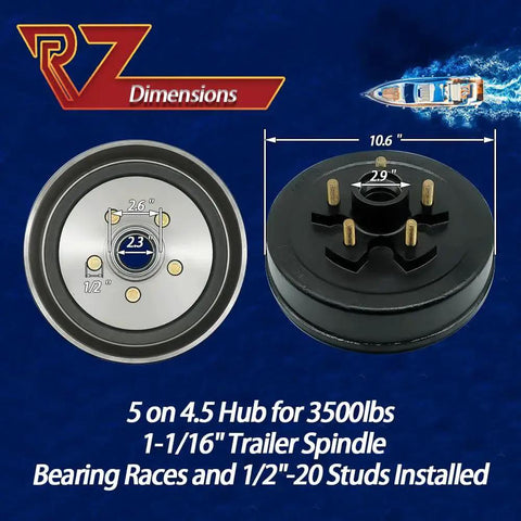 Trailer Brake Hub Drum Kit For 3500 Lb Axles 5 Bolt On 4 And A Half Inch Pattern Ready-To-Install Fits 10 By 2-1/4 Electric