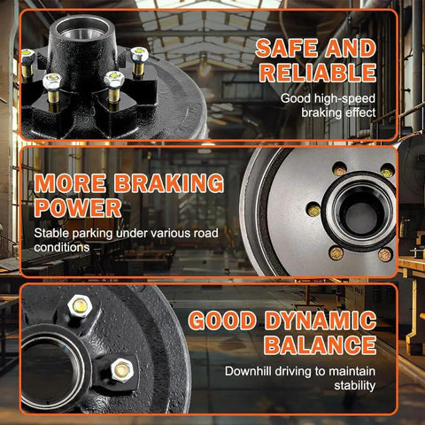 Three views of Ready To Roll Five On Four Point Five Inch Trailer Brake Hub Drum Kit For 3500 LB Trailers highlighting features
