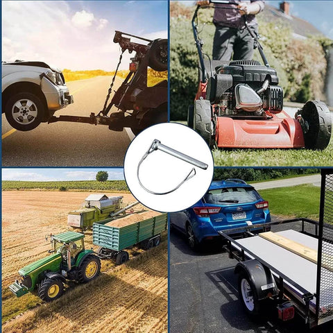 Ten Pack One Quarter By Four Inch Trailer Coupler Pin Set Heavy Duty Locking Towing Pin Safety Pin For Trailers Lawn And Garden Equipment Farm Wagons Silver, showing various towing applications including a SUV, lawn mower, tractor, and trailer.