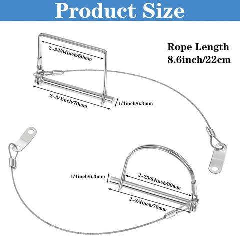 Detailed view of 20 Pack Trailer Coupler Pins with Steel Quick Release Rings showing square and D-shaped pins with dimensions.