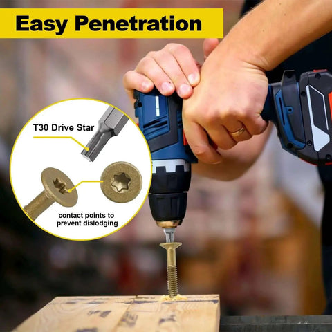 Person using drill with Heavy Duty Trailer Deck Screws Kit With 130 Pcs T25 Star Bits Reamer Tek Screws for work