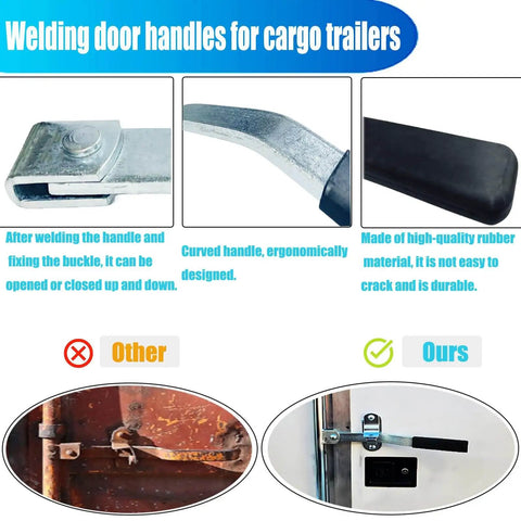 Comparison of enclosed trailer door handle with rubber grip, showing ergonomic design and durable materials for cargo trailers.