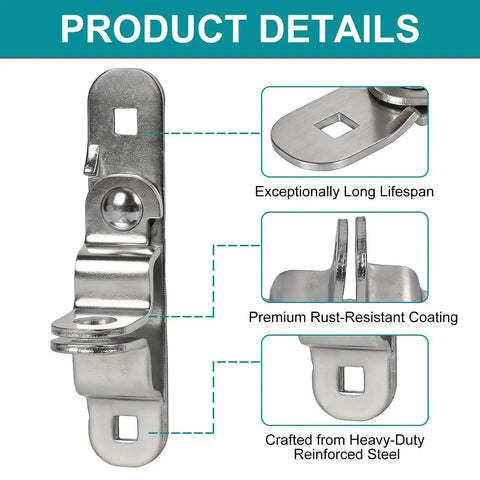 Sturdy 14-gauge steel trailer door hasp with corrosion-resistant galvanization and 304 stainless bolts, product details shown.