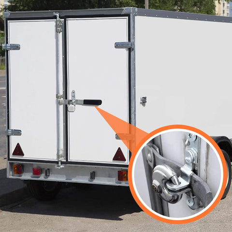 Durable cargo trailer door hasp latch kit with screws and nuts provides secure cam bar locking for trailers trucks containers and enclosed haulers, delivering simple installation and dependable weather resistant security, shown installed on a white trailer.