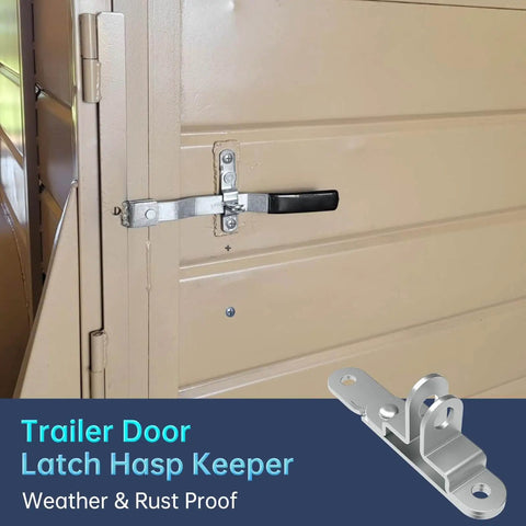 Cargo Trailer Door Hasp Keeper Bar Lock Handle For Enclosed Car Hauler Ramp Gates Cam Latch Lock With Screws Nut Weatherproof Rust Resistant Heavy Duty Steel Construction installed on door.