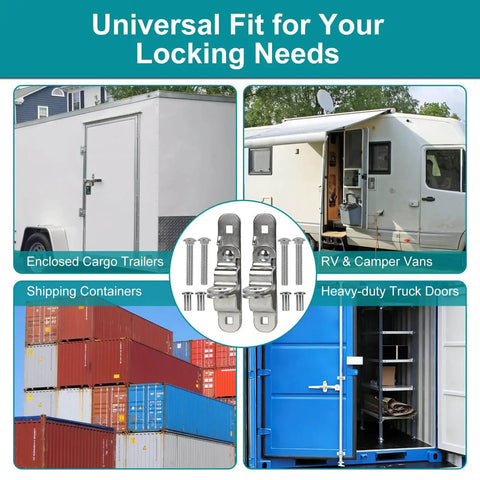 Sturdy 14-gauge steel trailer door hasp with corrosion-resistant galvanization and 304 stainless bolts, shown on cargo and container doors.