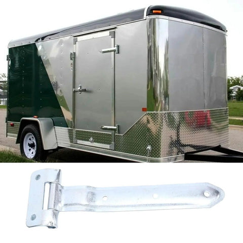 12 Inch Trailer Door Strap Hinge With Offset Bent Design installed on an enclosed cargo trailer side door.