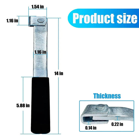 Secure, heavy duty cam action lockable door latch with 14-inch handle, zinc-plated steel, dimensions displayed.