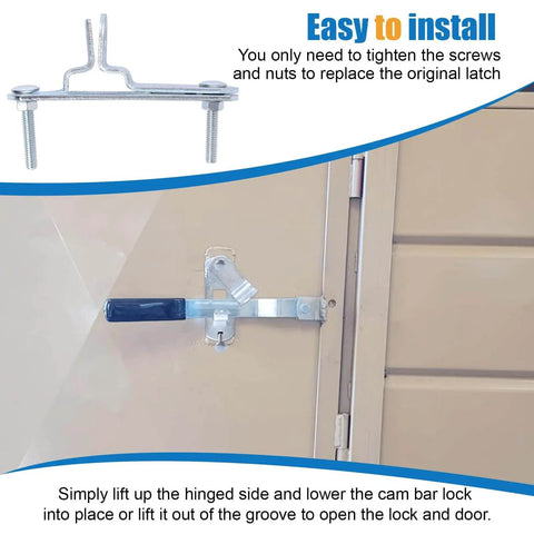 Trailer Door Latch Kit With Cam Lock And Keeper For Cargo And Enclosed Trailers Includes Ramp Locking Hasp And Anti Theft Screws And Anti Loose Nuts 2 Pack shown installed on door, highlighting easy installation and cam lock mechanism.
