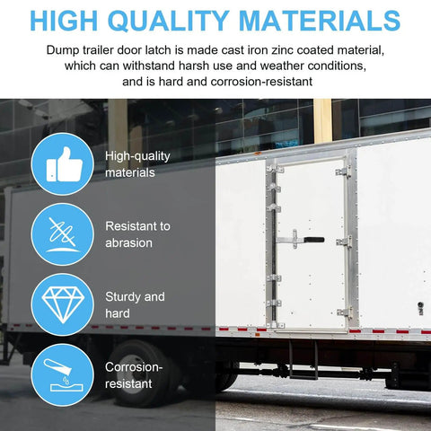Trailer Door Latch Keeper And Cam Bar Lock Replacement For Cargo And Dump Trailers With Double Doors Top Left Or Bottom Right Mounting Side Door Latch Compatible Model 383200 PLR158 shown installed on white trailer with durability features highlighted.