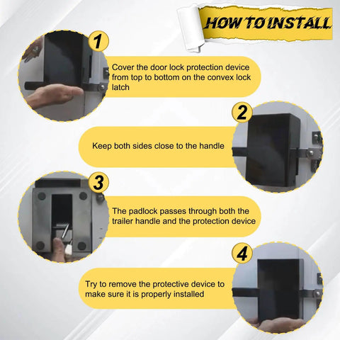 Installation steps for enhance trailer security with a heavy duty door lock protection device on cam bar locks.