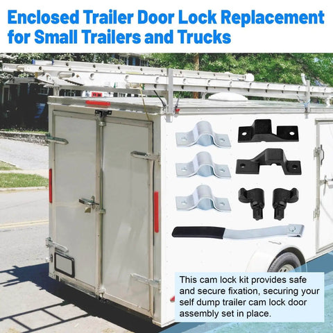 Heavy Duty Trailer Cam Lever Door Lock Kit For Double Cargo Doors, Durable Lock Handle With Black Anti-Rust Coating shown on trailer