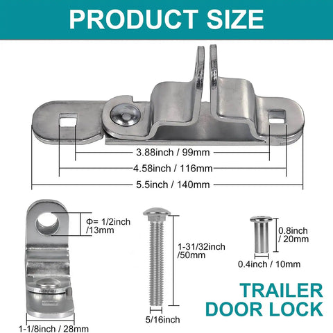 Sturdy 14-gauge steel trailer door hasp with corrosion-resistant galvanization and 304 stainless bolts shown with measurements