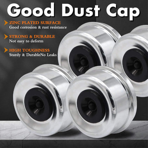 Close-up of zinc plated dust caps from Trailer Bearing Kit For D42 Spindle Fits 1.25 Inch And 1.75 Inch Tandem Axles 5200 To 6000 Lb Four Sets Hub Kit With 2.72 Inch Dust Covers Double Lip Seals Spindle Nuts And Complete Inner And Outer Bearings.