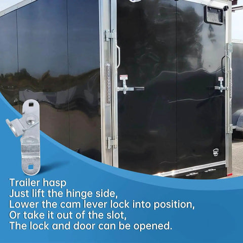 Durable door latch keeper for enclosed trailers on black trailer with galvanized finish, fits standard padlocks and race bar locks