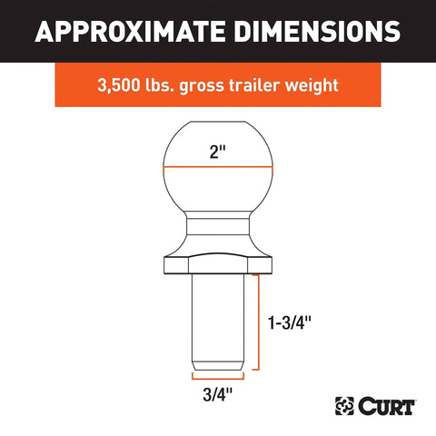 Diagram of Chrome Trailer Hitch Ball For 2-Inch Couplers, 3500 Lbs Tow Capacity, dimensions: 2-inch ball, 3/4 x 1-3/4-inch shank